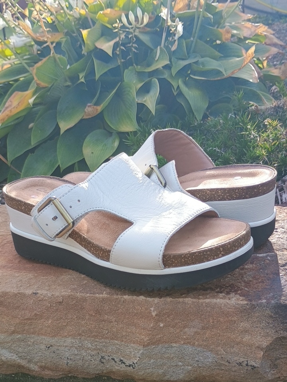 Clarks Unstructured Lizby Ease White Comfort Leather Wedge Sandals Women's 10